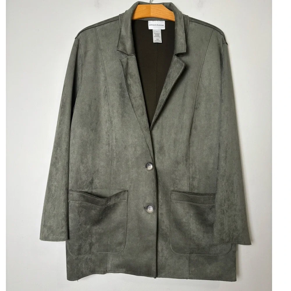 Alfred Dunner Womens Faux Suede Longline Jacket Large Earthy Oversized Cabincore